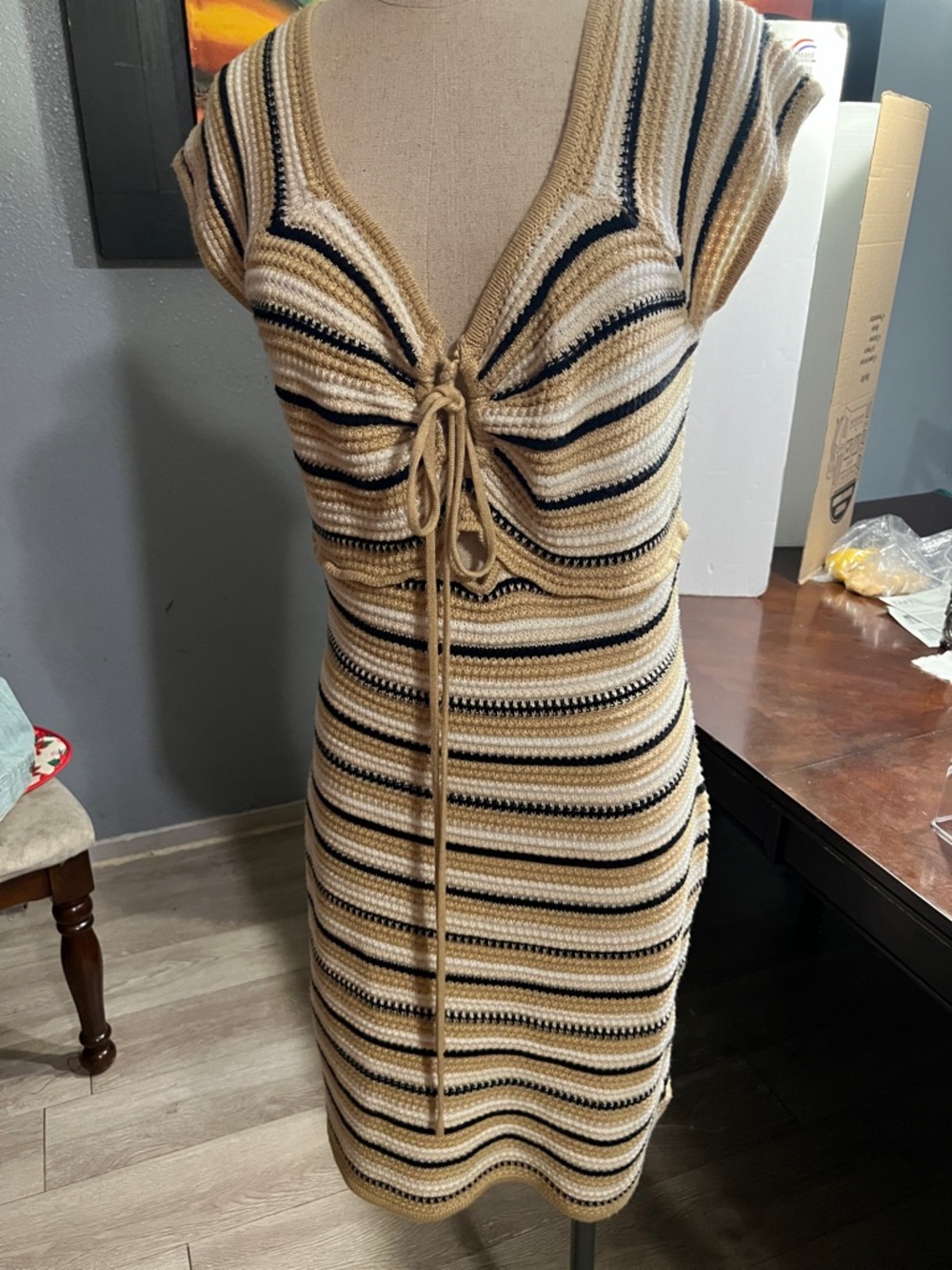 Striped Knit Tie-Front Women’s Dress in Beige and Black